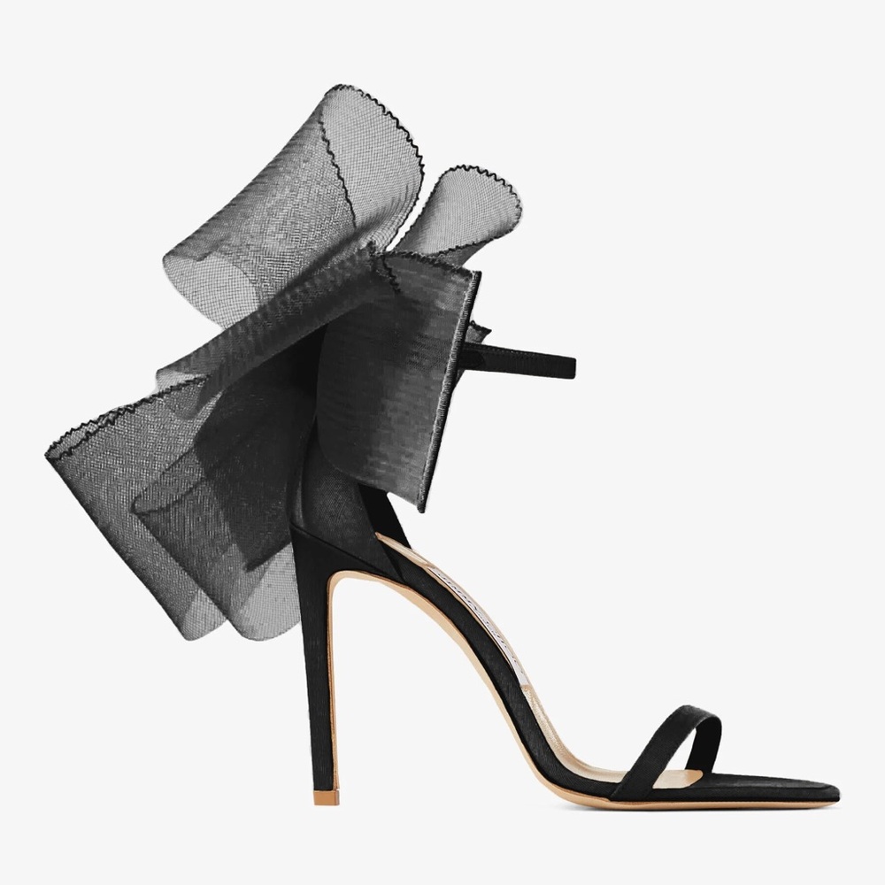 Jimmy Choo Aveline 100 Bow Ankle strap Sandals Black Stiletto Heels Authentic